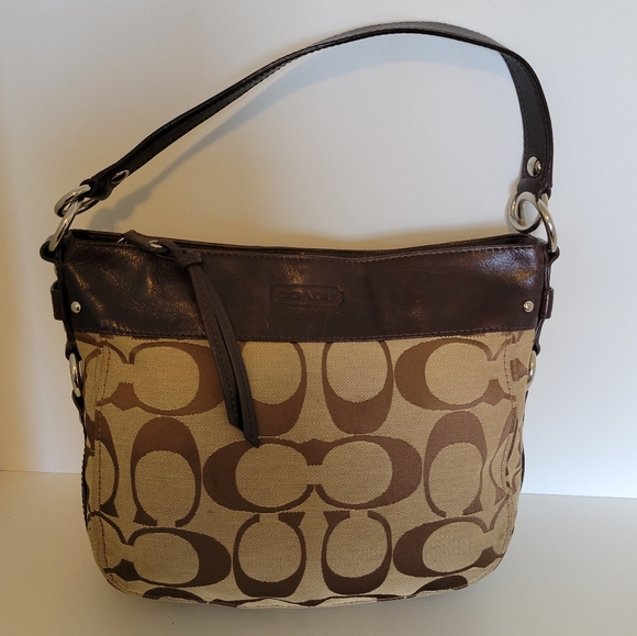 Coach Signature Jacquard/Brown Leather Bag - Picture 7 of 12